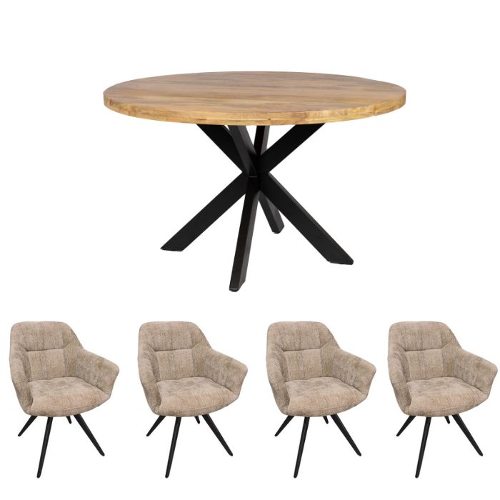 Combi deal Eettafel 110cm rond + 4 stoelen Beauty Zandkleurig